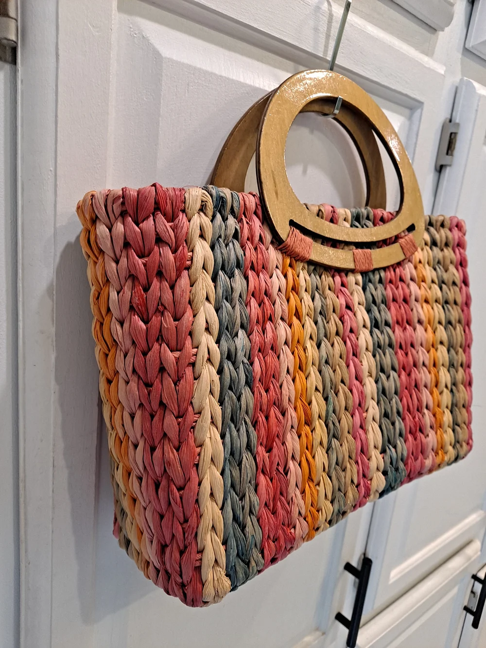 Cappelli Straworld Rainbow Braided Straw Tote w/Wooden Oval Handles Vintage Boho - Picture 4 of 10
